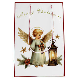 Sacola Para Presentes Média Lindo Anjo de Natal Vintage