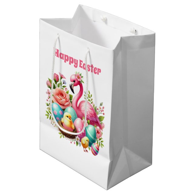 Sacola Para Presentes Média Lindo Feliz Páscoa flamingo rosa  (Frente inclinada)