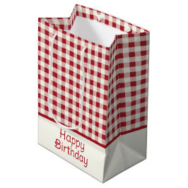 Sacola Para Presentes Média Lindo Laço Xadrez Vermelho e Creme