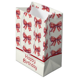 Sacola Para Presentes Média Lindo Laço Xadrez Vermelho e Creme