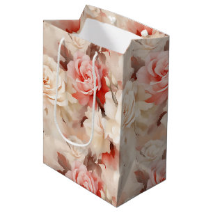 Sacola Para Presentes Média Lindo Rosa Bege Rosa Floral Chá de Noiva