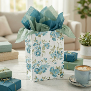 Sacola Para Presentes Média Lindo Verde Oliva Aqua Turquesa Floral Aquarela
