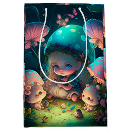 Sacola Para Presentes Média Lindos elfos brincam sob o saco de presentes de co