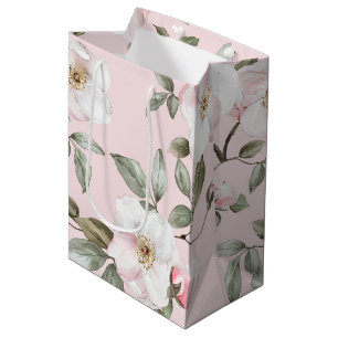 Sacola Para Presentes Média Lindos Flores Rosa Bege Branco Chuveiro Nupcial