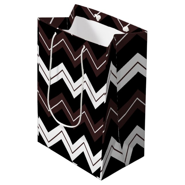 Sacola Para Presentes Média Listra Chevron Preto Branco Marrom  (Frente inclinada)