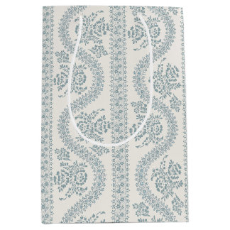 Sacola Para Presentes Média Listra Floral Azul Ardósia, Fundo Creme