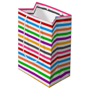 Sacola Para Presentes Média Listras de Arco-Íris Colorido - Branco