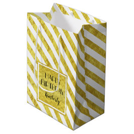 Sacola Para Presentes Média Listras Douradas Elegantes Feliz Aniversário