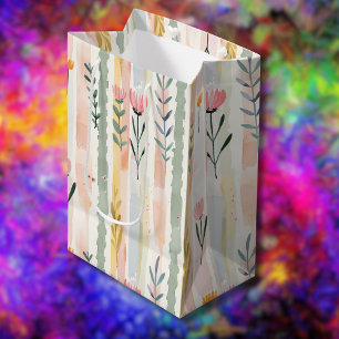 Sacola Para Presentes Média Listras Florais em Aquarela Pastel Vintage