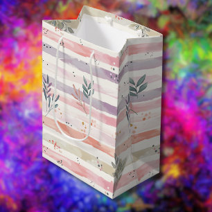 Sacola Para Presentes Média Listras Folhas Aquarela Pastel Vintage