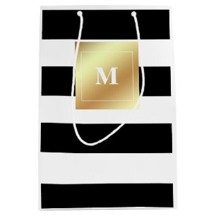 Sacola Para Presentes Média Listras preto e branco com monograma do ouro do