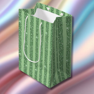 Sacola Para Presentes Média Listras Verticais Simples com Brilho na Cor Verde