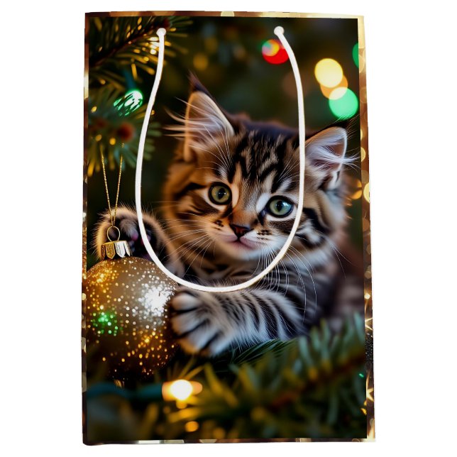 Sacola Para Presentes Média Little Kitten on Christmas Tree   (Frente)