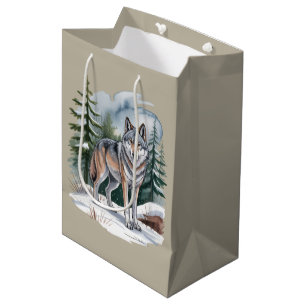 Sacola Para Presentes Média Lobo Aguarela Retrô de Inverno 90's Natureza Selva