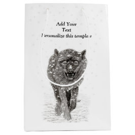 Sacola Para Presentes Média Lobo Negro Zangado na Neve, inverno selvagem