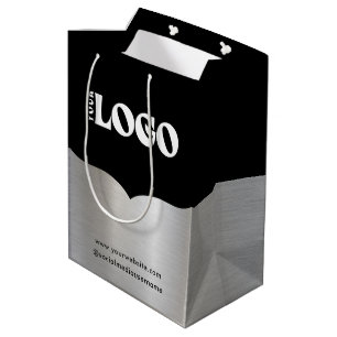 Sacola Para Presentes Média Logotipo comercial Papel prateado metálico preto S