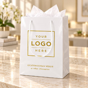 Sacola Para Presentes Média Logotipo Empresarial Personalizado Branco Dourado