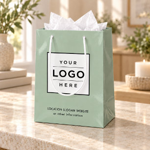 Sacola Para Presentes Média Logotipo Empresarial Personalizado Sage Green Bran