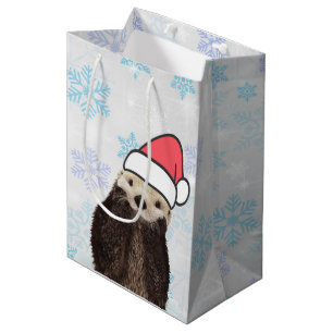 Sacola Para Presentes Média Lontra bonito que veste um Natal do chapéu do