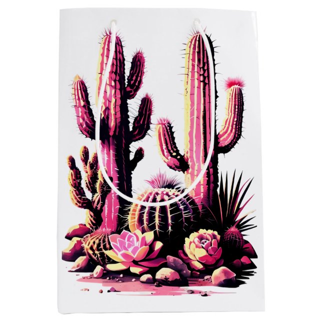 Sacola Para Presentes Média Lote de Cactos Rosa (Frente)