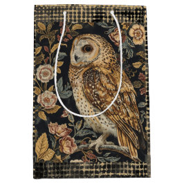 Sacola Para Presentes Média Lovely Owl in the Flowers Garden ,Gold Checkered ,