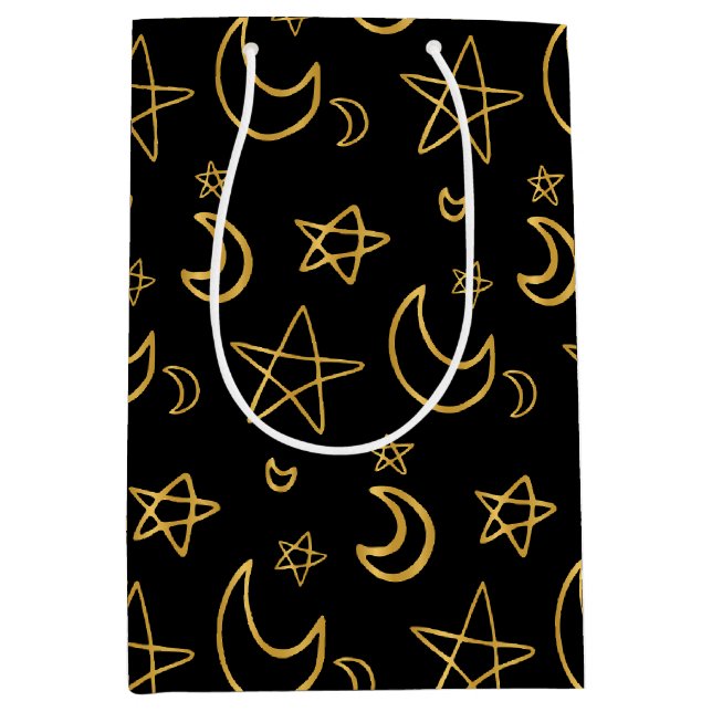 Sacola Para Presentes Média Luas e estrelas Dourado padrão (Frente)