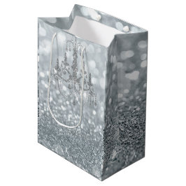 Sacola Para Presentes Média Lustre Prateado Branco Bokeh Glamour Aranha Brilho