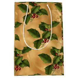 Sacola Para Presentes Média Luxe Gold Foil, Green Holly, Berries Vermelhos