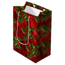 Sacola Para Presentes Média Luxe Red Foil, Berries Vermelhos Holly Verdes