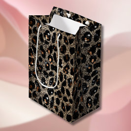 Sacola Para Presentes Média Luxo Glitter Marrom Preto Dourado Estampa Leopardo