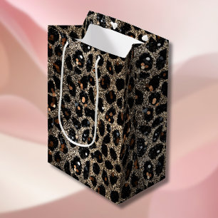 Sacola Para Presentes Média Luxo Glitter Marrom Preto Dourado Estampa Leopardo