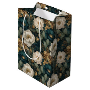 Sacola Para Presentes Média Luxo Natal Verde Dourado e Floral Creme