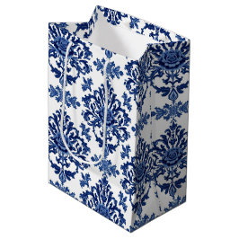 Sacola Para Presentes Média Luxo padrão floral barroco azul real e branco