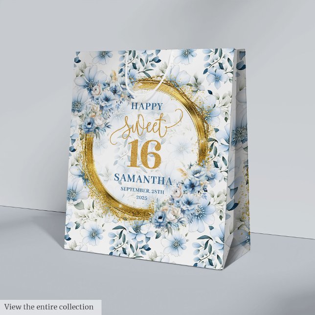 Sacola Para Presentes Média Luxo Pastel Blue Sweet 16 Dourada Bag (Luxury Pastel Blue Sweet 16 Gold Glitter Party Bag)
