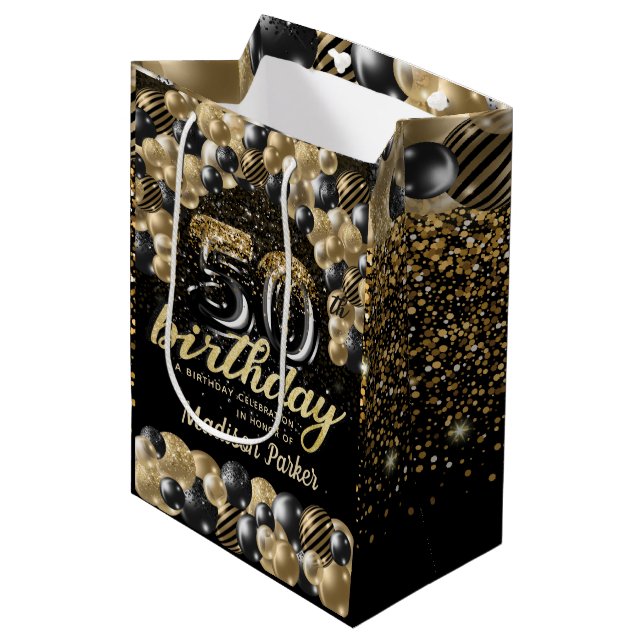 Sacola Para Presentes Média Luxo personalizado 50º aniversário negro Dourado (Frente inclinada)