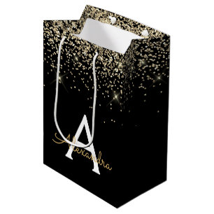 Sacola Para Presentes Média Luxo Preto Dourado Brilho Glitter Monograma