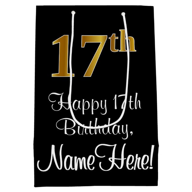 Sacola Para Presentes Média Luxuoso, Elegante, Faux Dourado, 17º Aniversário (Verso)