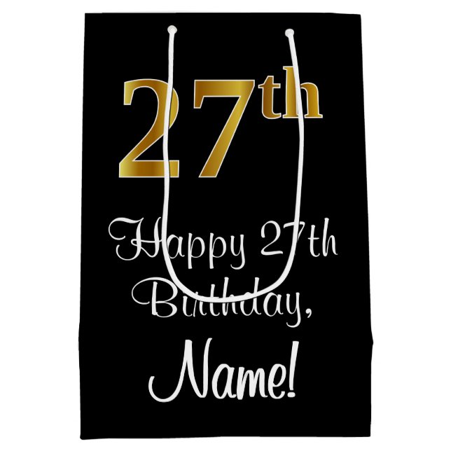 Sacola Para Presentes Média Luxuoso, Elegante, Faux Dourado, 27º Aniversário (Verso)