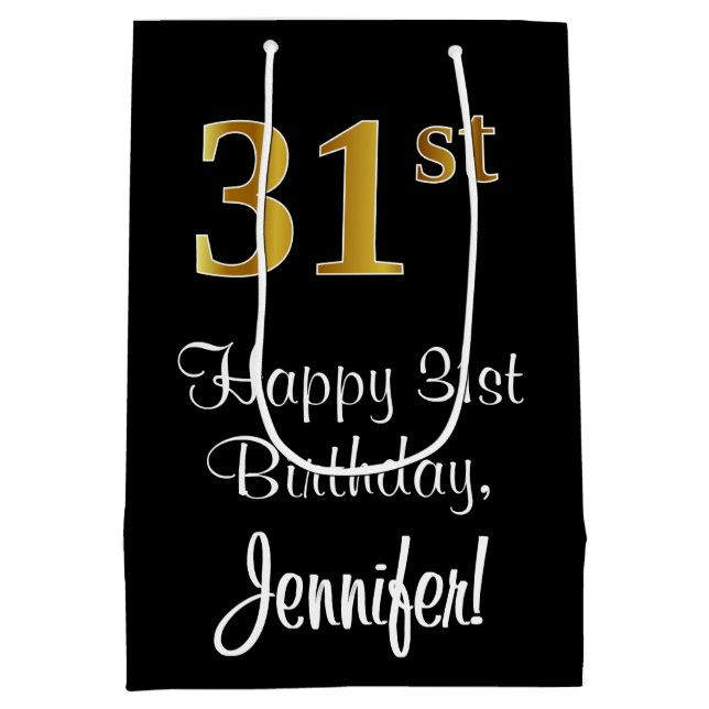 Sacola Para Presentes Média Luxuoso, Elegante, Faux Dourado, 31º Aniversário (Verso)