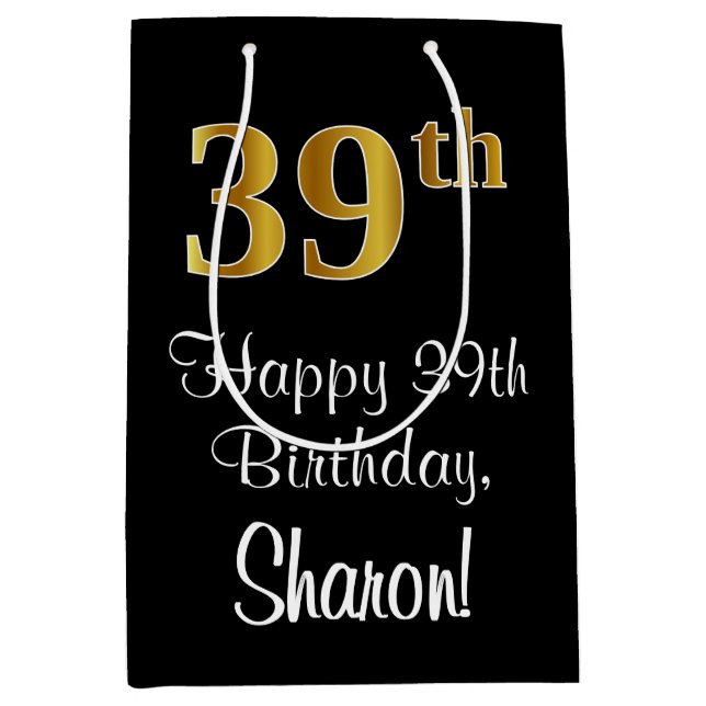 Sacola Para Presentes Média Luxuoso, Elegante, Faux Dourado, 39º aniversário (Frente)