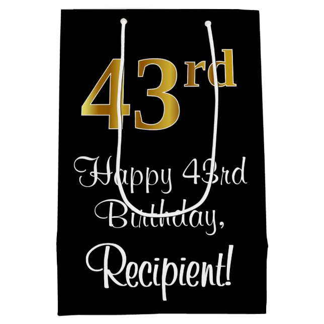 Sacola Para Presentes Média Luxuoso, Elegante, Faux Dourado, 43º Aniversário (Verso)