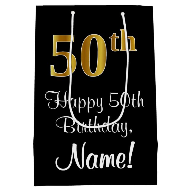 Sacola Para Presentes Média Luxuoso, Elegante, Faux Dourado, 50º Aniversário (Verso)