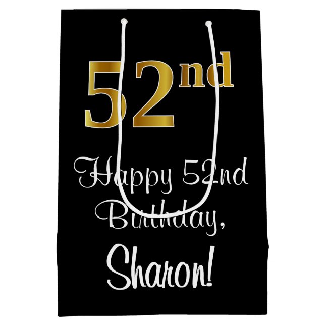 Sacola Para Presentes Média Luxuoso, Elegante, Faux Dourado, 52º Aniversário (Verso)