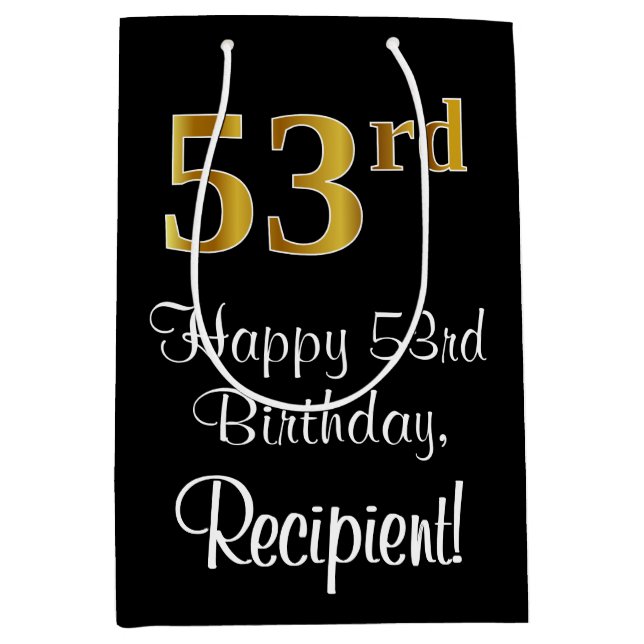 Sacola Para Presentes Média Luxuoso, Elegante, Faux Dourado, 53º Aniversário (Frente)