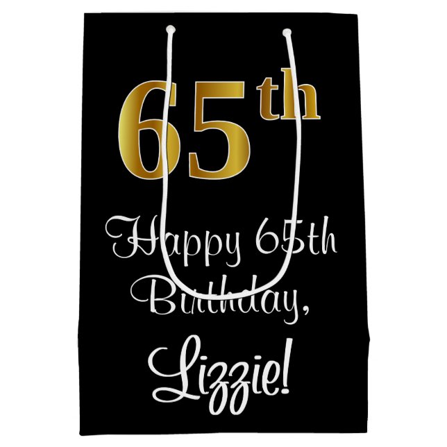 Sacola Para Presentes Média Luxuoso, Elegante, Faux Dourado, 65º Aniversário (Verso)