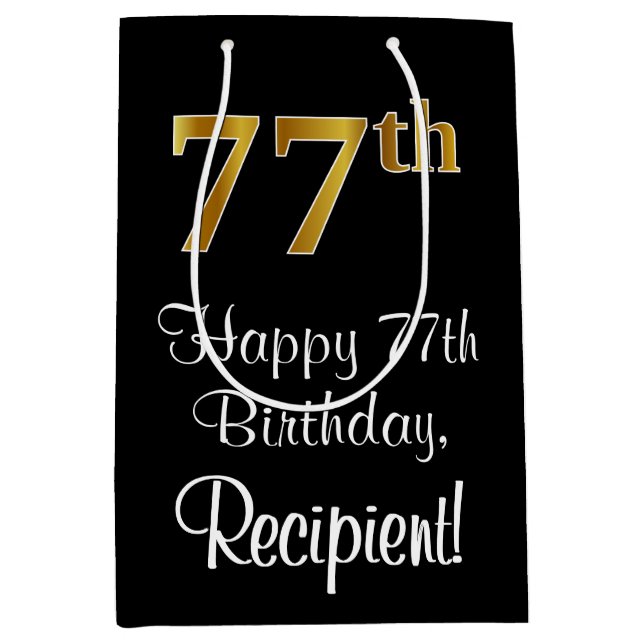 Sacola Para Presentes Média Luxuoso, Elegante, Faux Dourado, 77º aniversário (Frente)