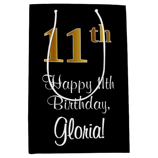 Sacola Para Presentes Média Luxuoso, Elegante, Faux Dourado Olha 11 Aniversári (Frente)