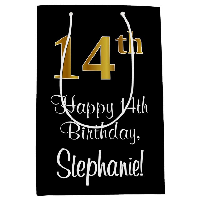 Sacola Para Presentes Média Luxuoso, Elegante, Faux Dourado Olha 14 Aniversári (Frente)