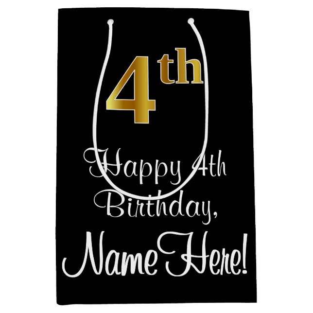 Sacola Para Presentes Média Luxuoso, Elegante, Faux Dourado, quarto aniversári (Frente)