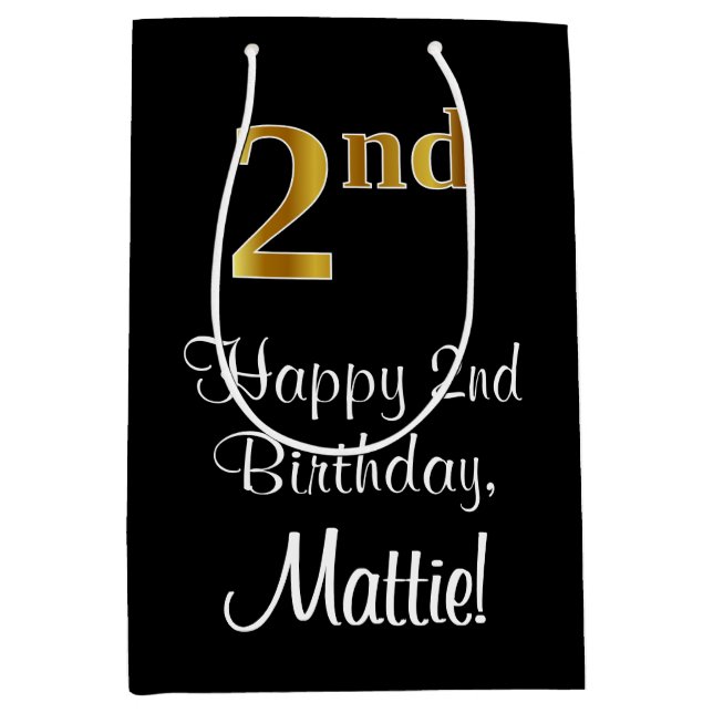 Sacola Para Presentes Média Luxuoso, Elegante, Faux Dourado segundo aniversári (Frente)